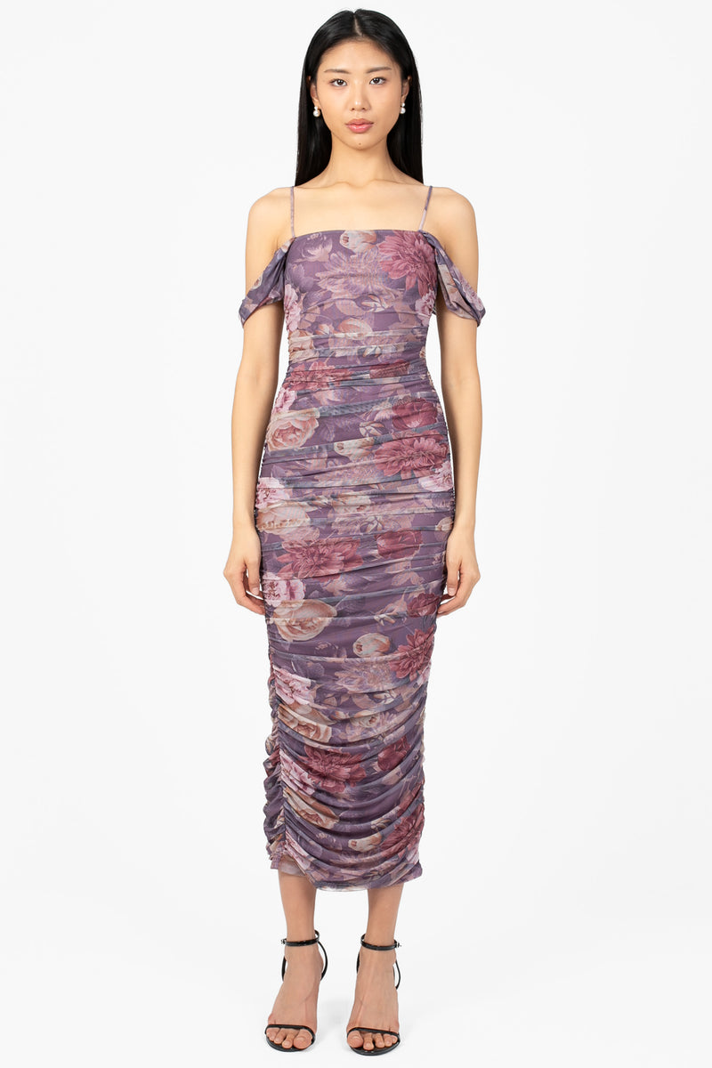 Camelia Draped Ruched Floral Midi Dress - honey