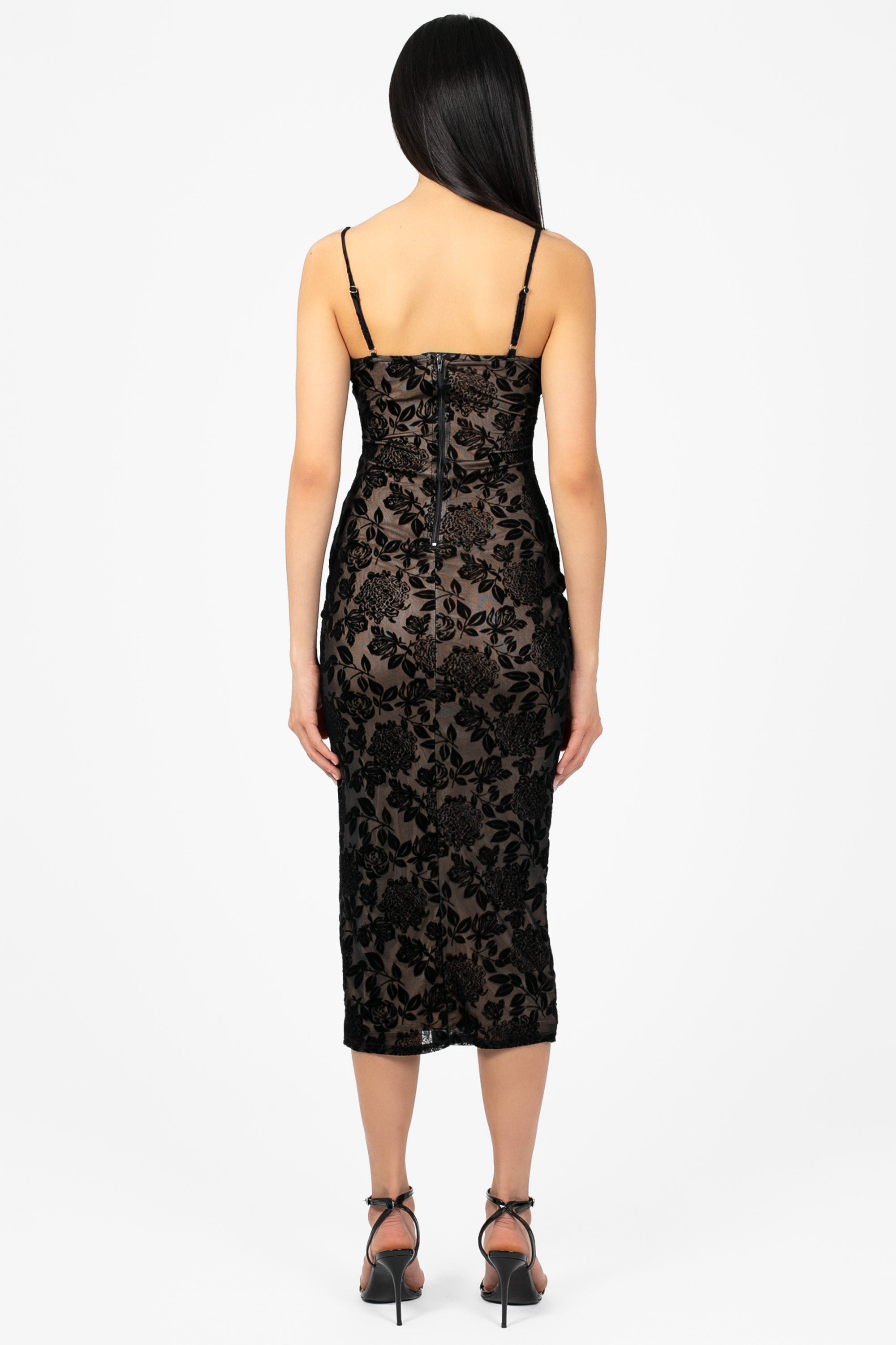 Midnight Bloom Flocked Velvet Midi Dress