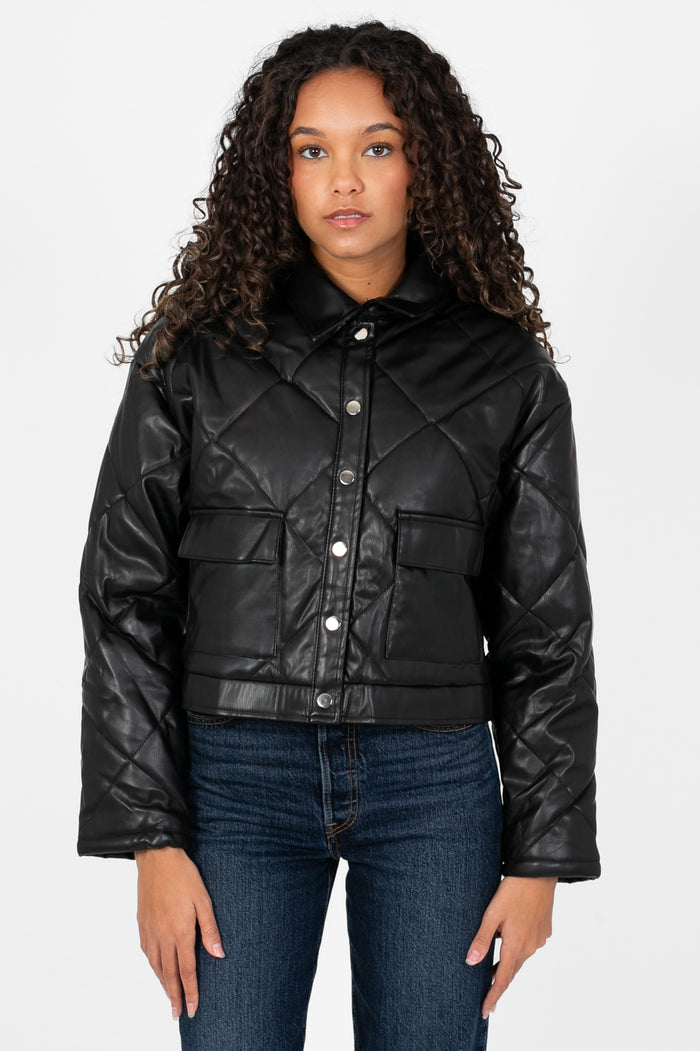 Quilted Vegan Leather Jacket with Flap Pockets - honey