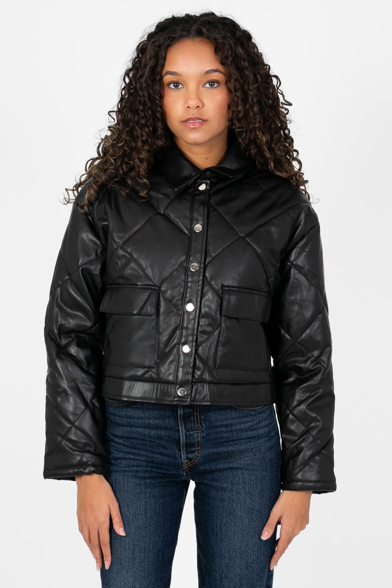 Quilted Vegan Leather Jacket with Flap Pockets - honey