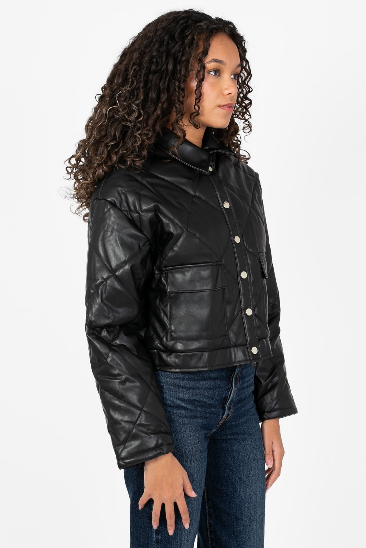 Quilted Vegan Leather Jacket with Flap Pockets - honey