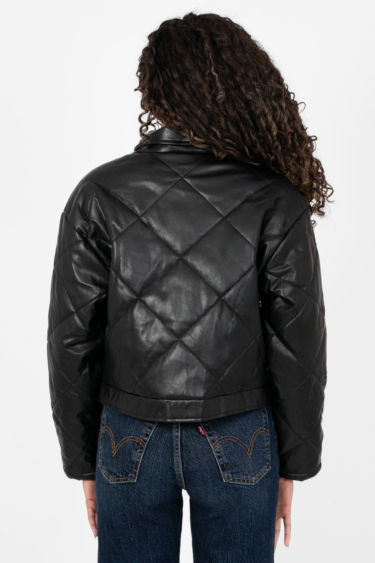 Quilted Vegan Leather Jacket with Flap Pockets - honey