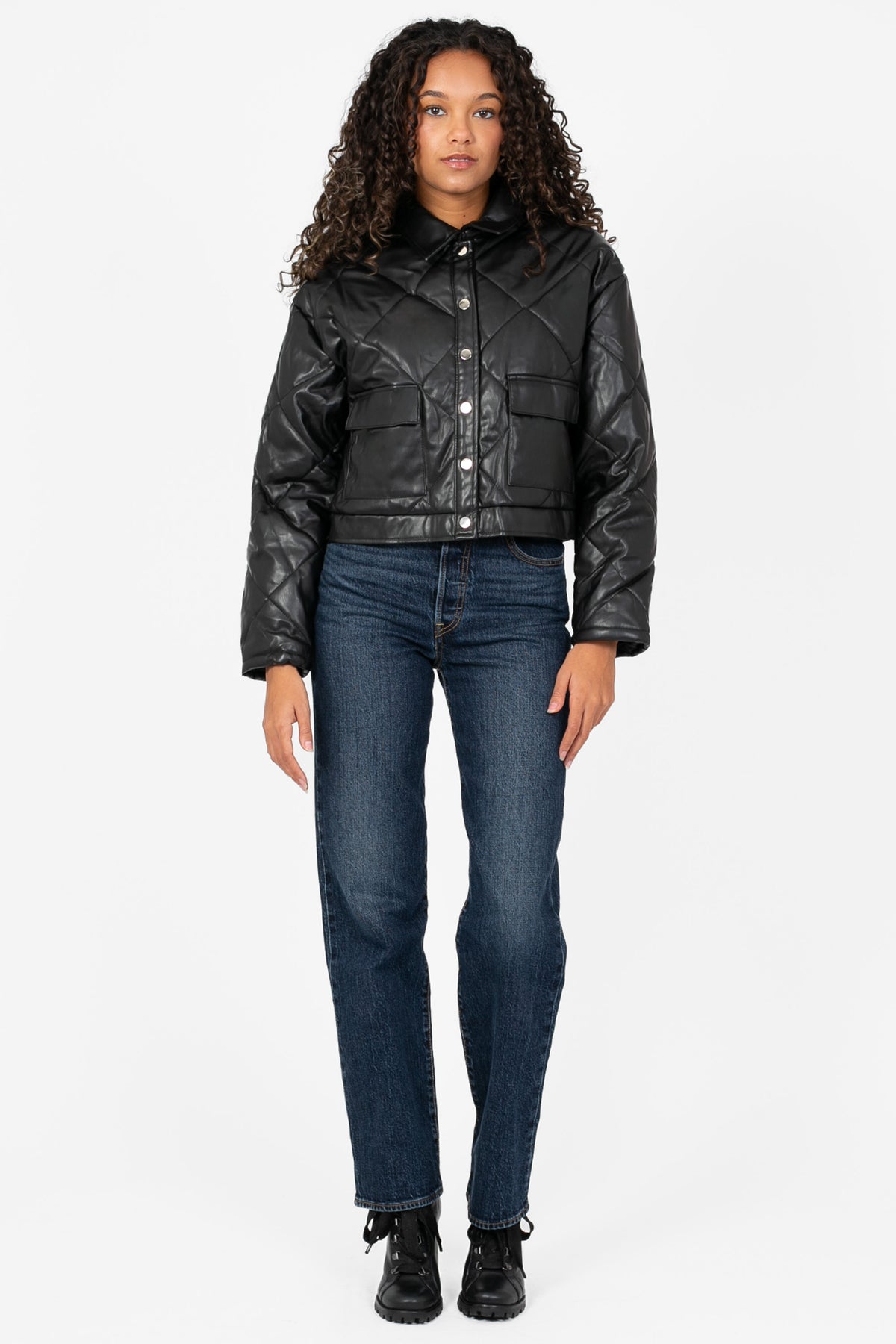Quilted Vegan Leather Jacket with Flap Pockets - honey