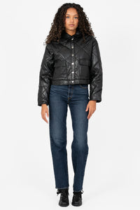 Quilted Vegan Leather Jacket with Flap Pockets - honey