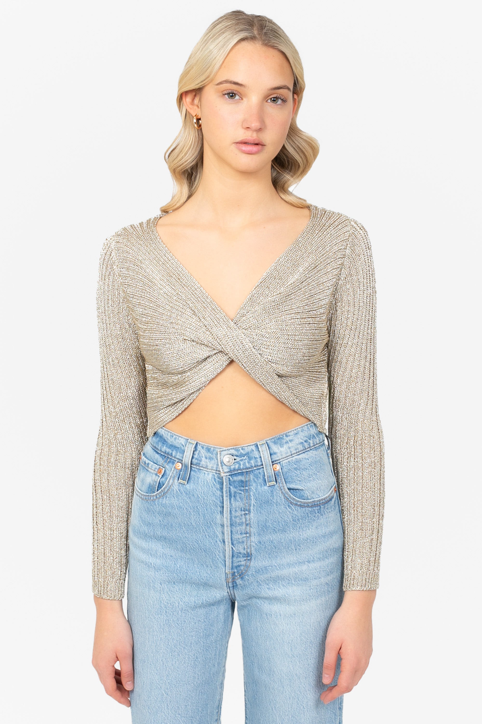 Taylor Twist Front Metallic Knit Sweater – honey