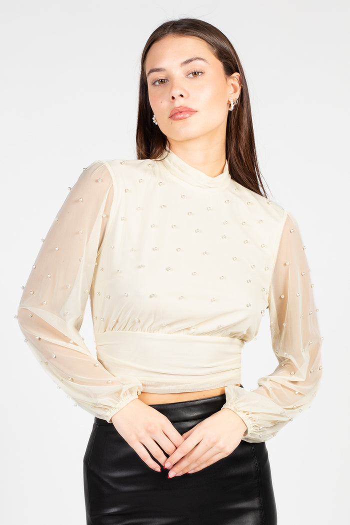 Wilhelmina Pearl Embellished Mesh Blouse - honey