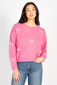 Skylar Pearl Bow Embellished Fuzzy Sweater