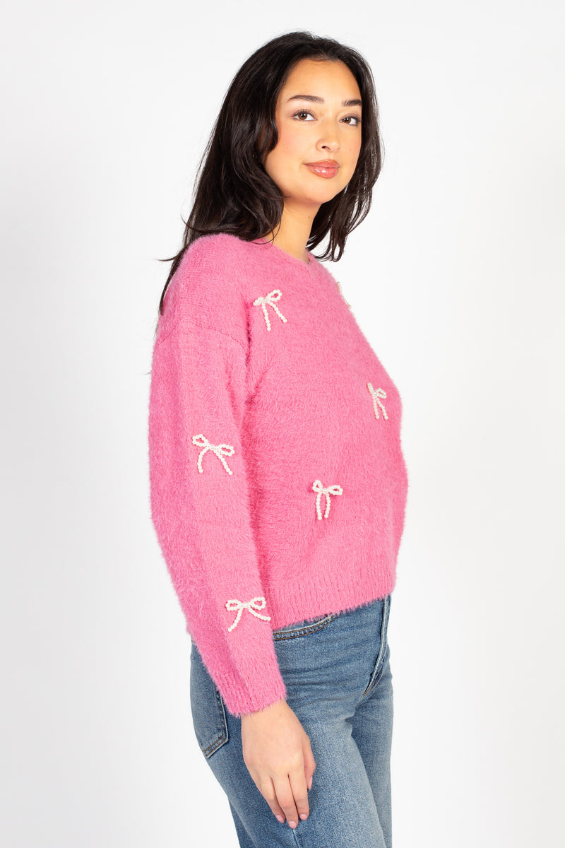 Skylar Pearl Bow Embellished Fuzzy Sweater