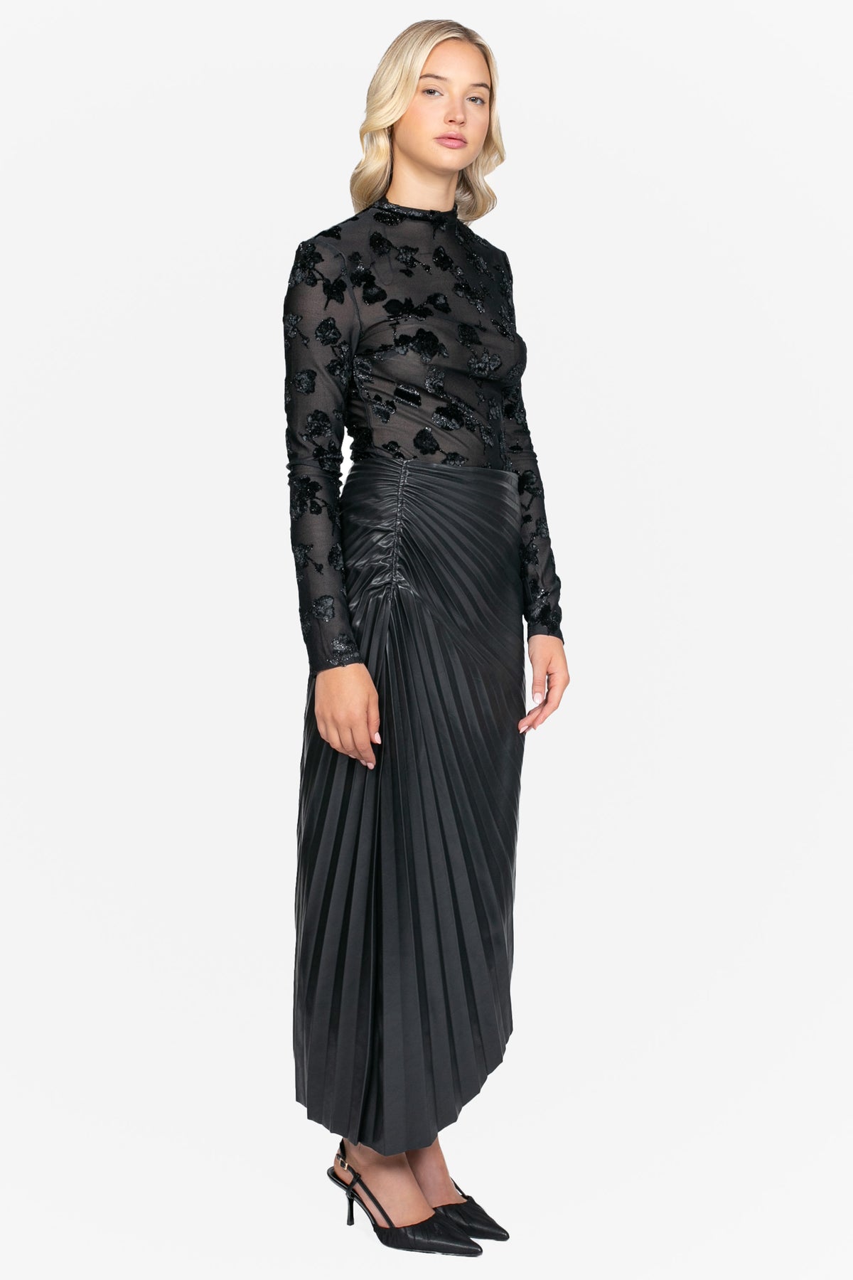 Audrina Vegan Leather Midi Skirt