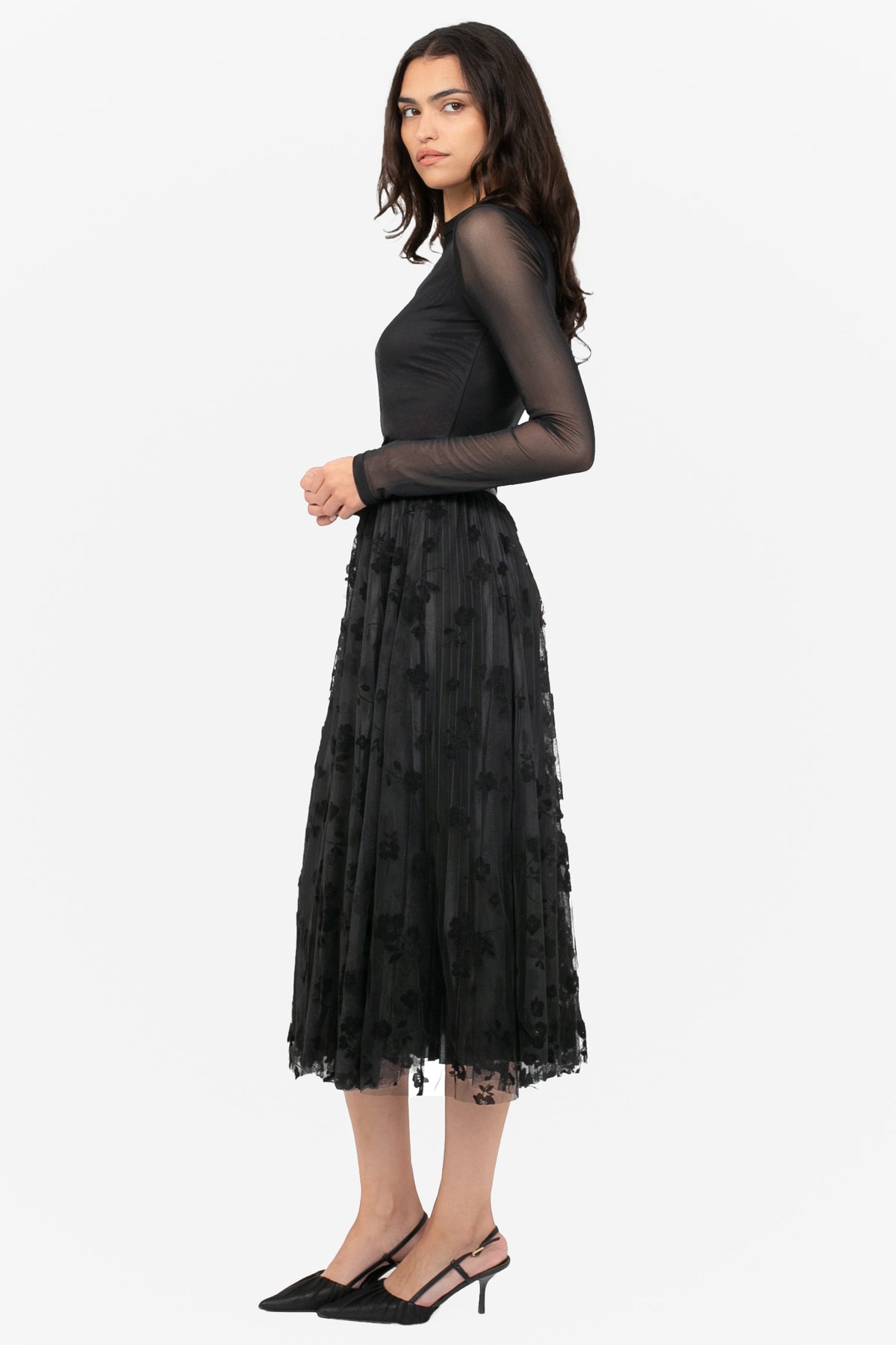 Hayden Floral Mesh Pleated Midi Skirt