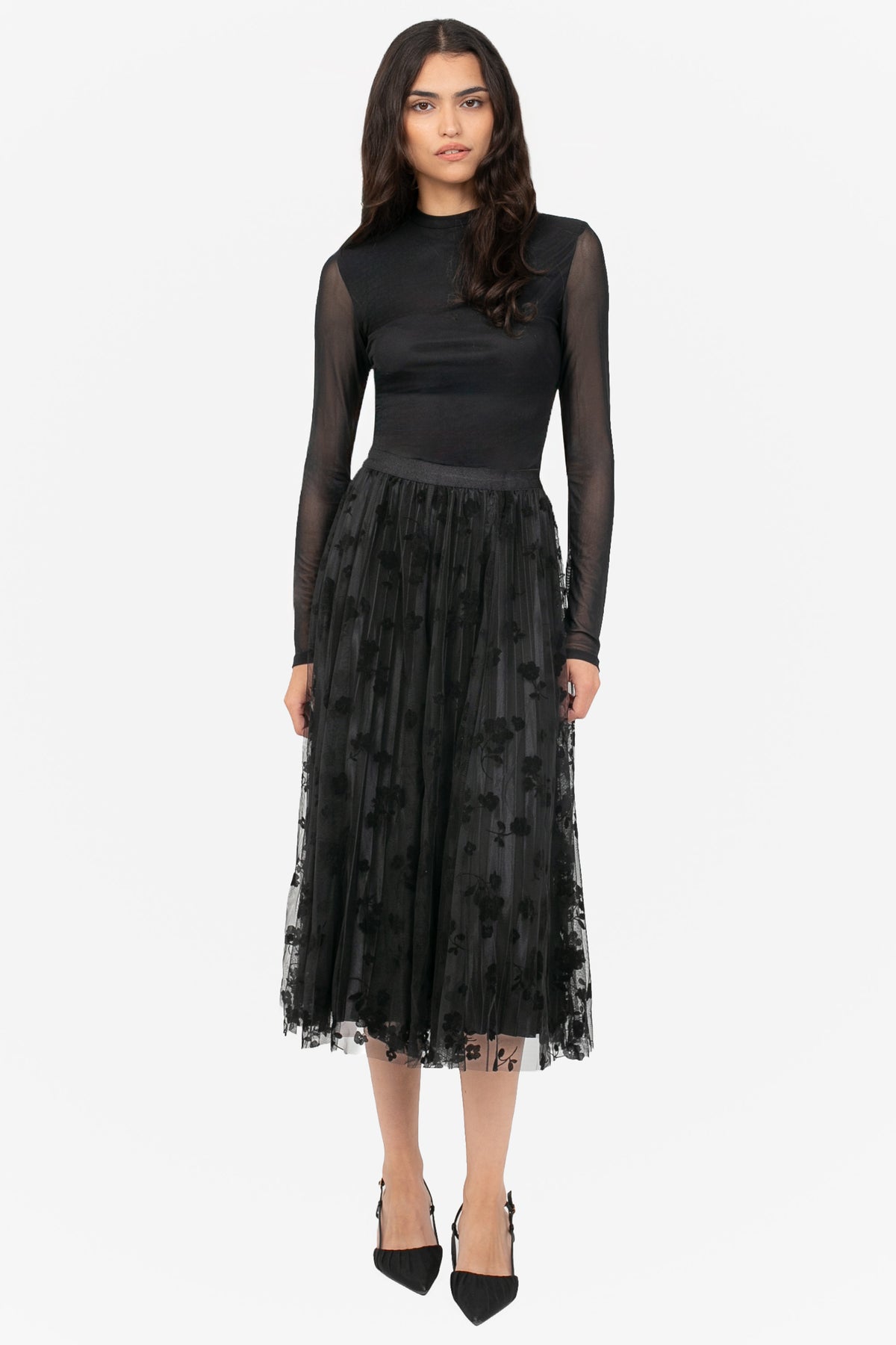 Hayden Floral Mesh Pleated Midi Skirt