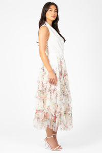 Astrea Floral Tulle Ruffle Midi Skirt - honey