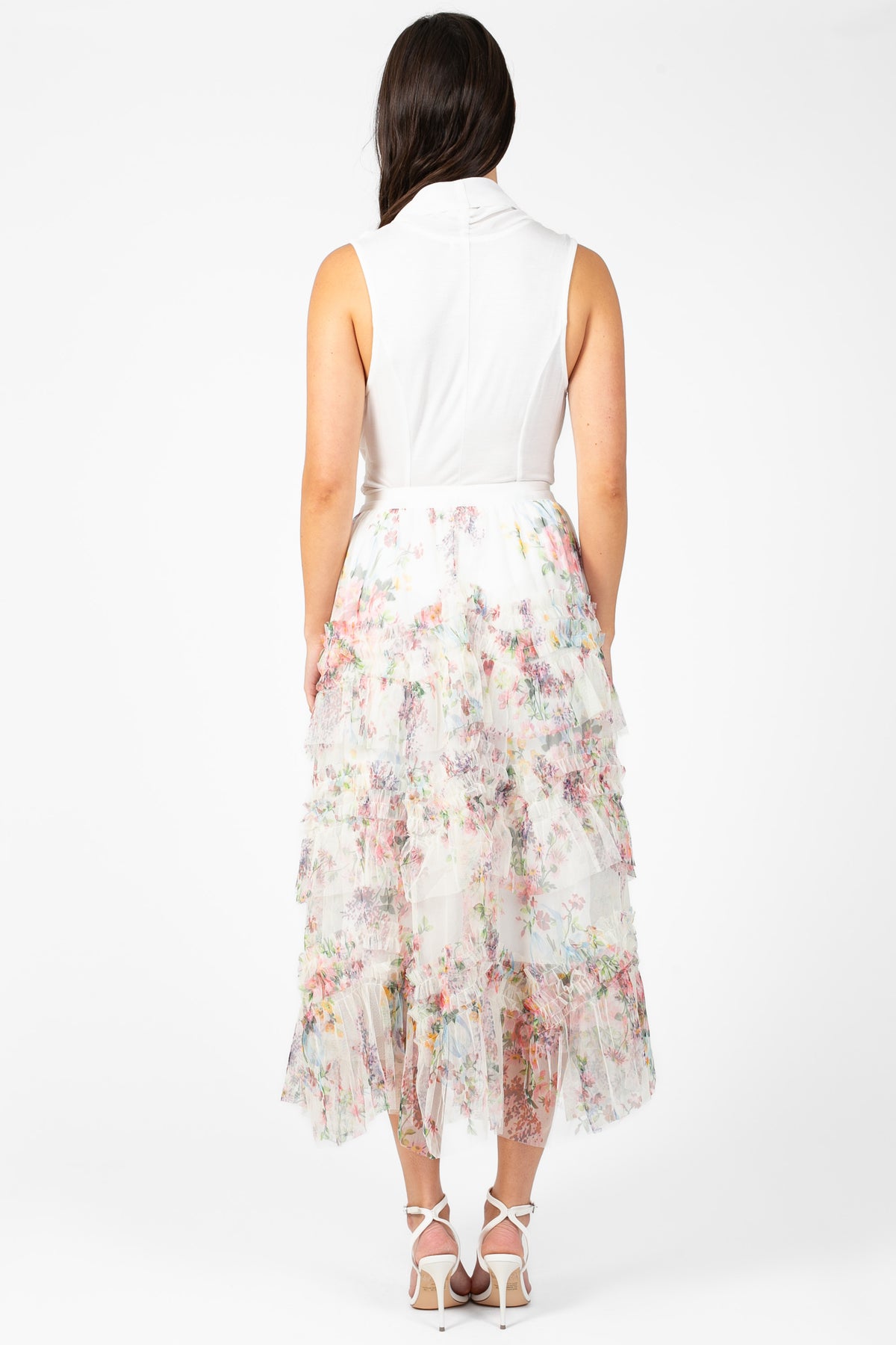Astrea Floral Tulle Ruffle Midi Skirt - honey