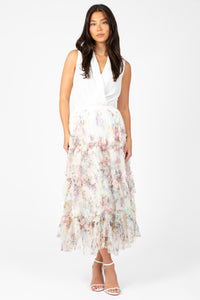 Astrea Floral Tulle Ruffle Midi Skirt - honey