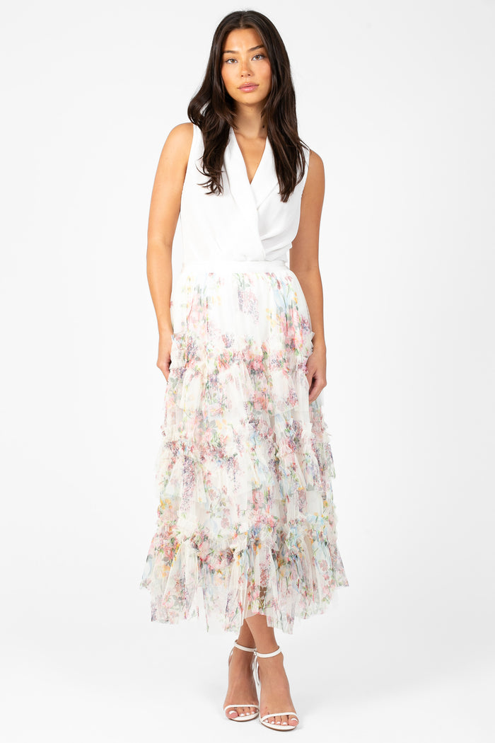 Astrea Floral Tulle Ruffle Midi Skirt - honey