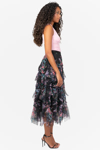 Astrea Floral Tulle Ruffle Midi Skirt