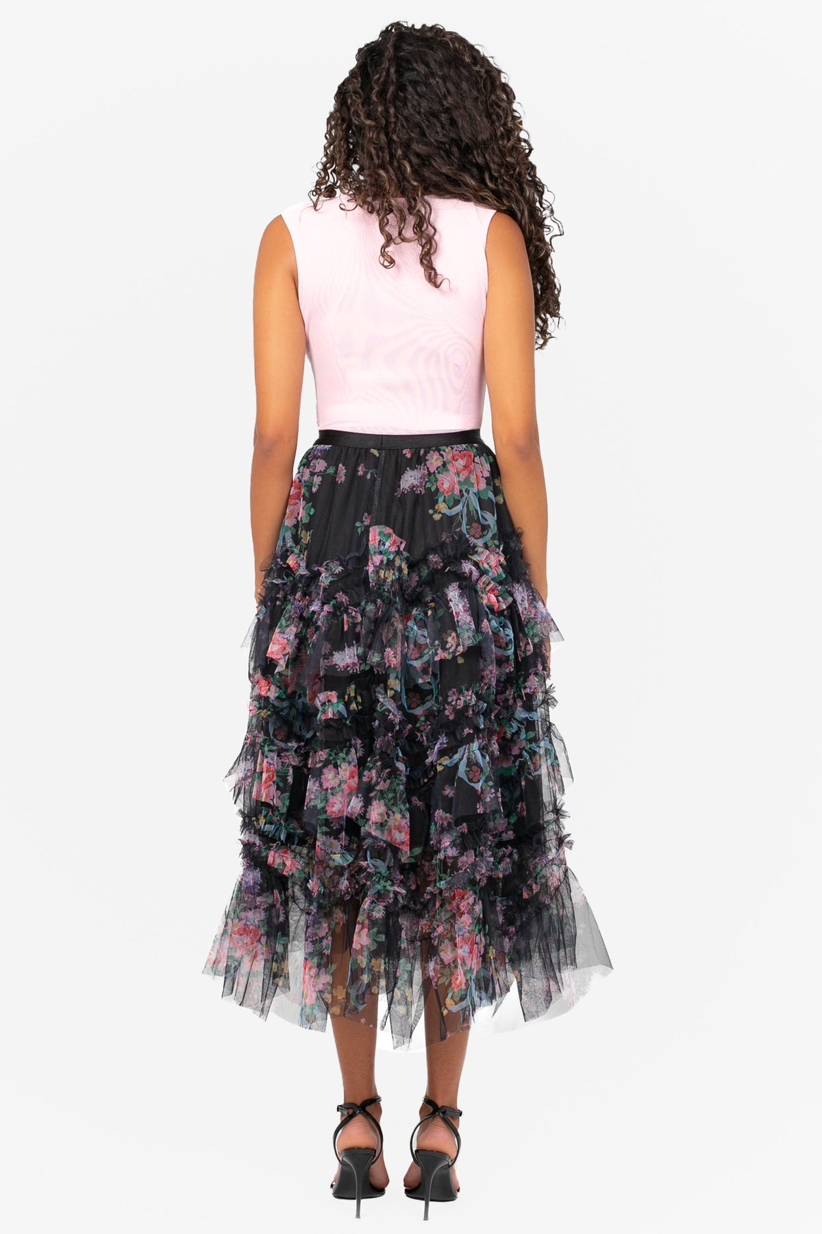 Astrea Floral Tulle Ruffle Midi Skirt