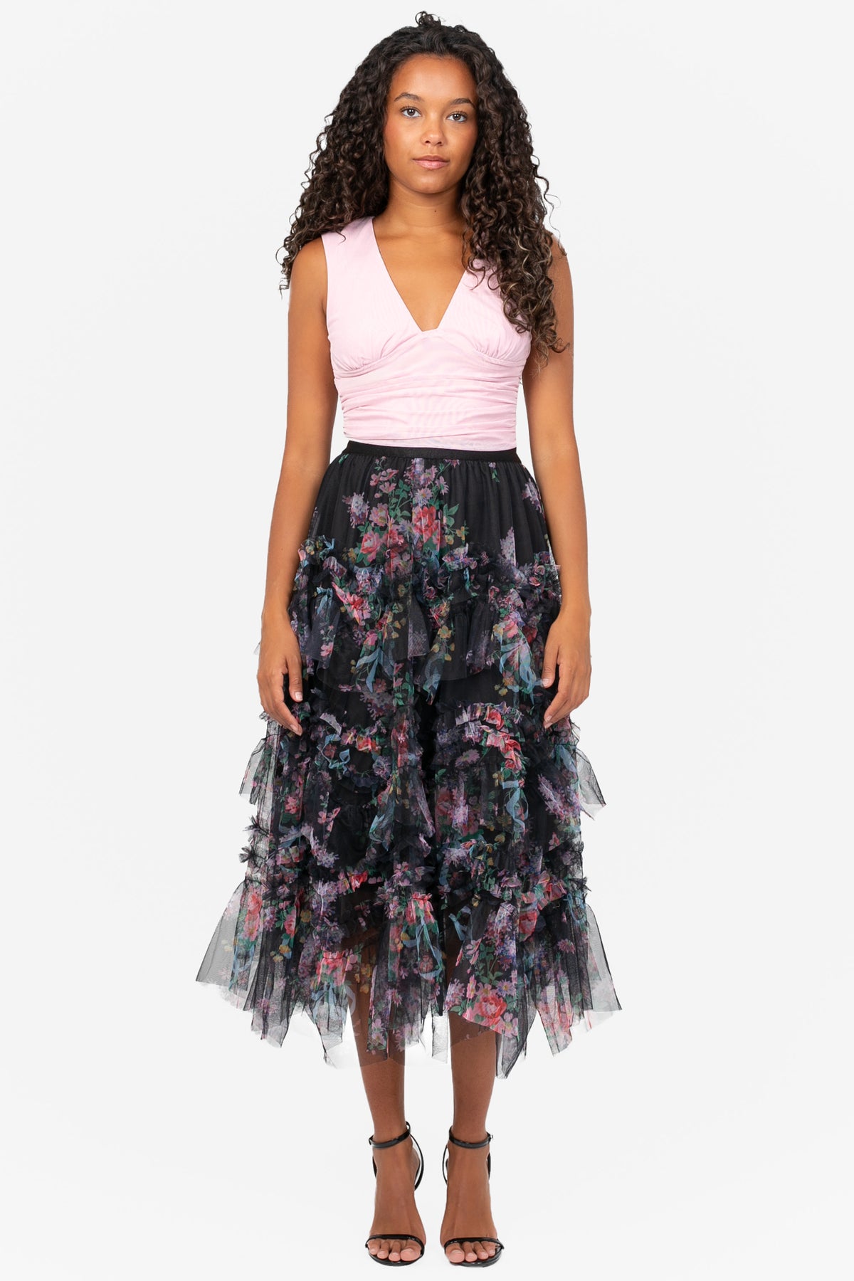 Astrea Floral Tulle Ruffle Midi Skirt