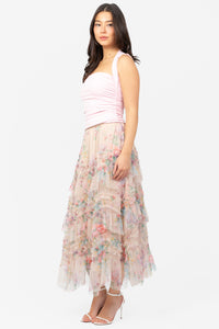 Astrea Floral Tulle Ruffle Midi Skirt - honey