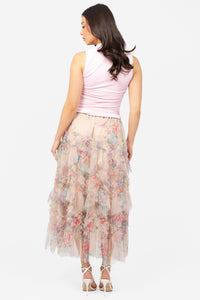 Astrea Floral Tulle Ruffle Midi Skirt - honey