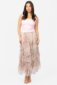 Astrea Floral Tulle Ruffle Midi Skirt - honey