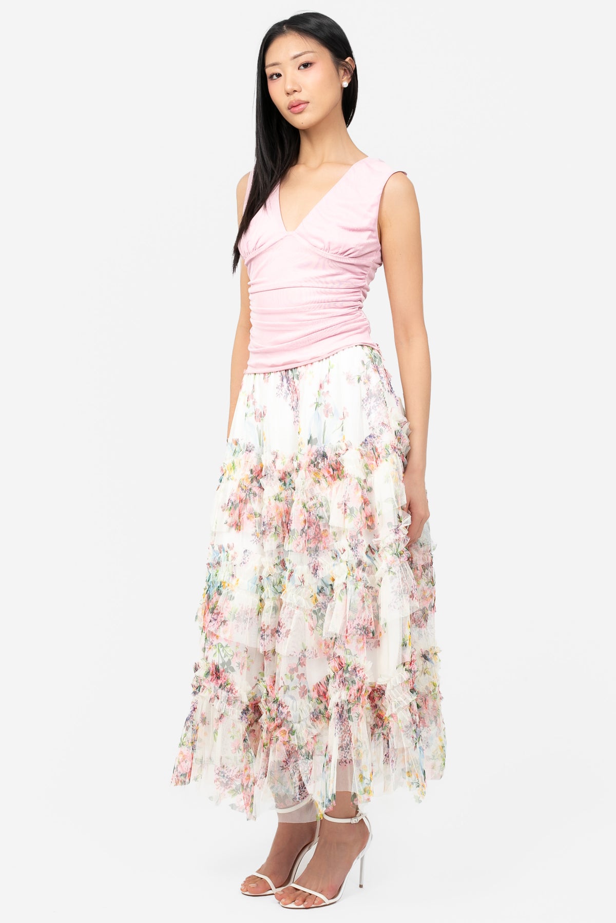 Astrea Floral Tulle Ruffle Midi Skirt - honey
