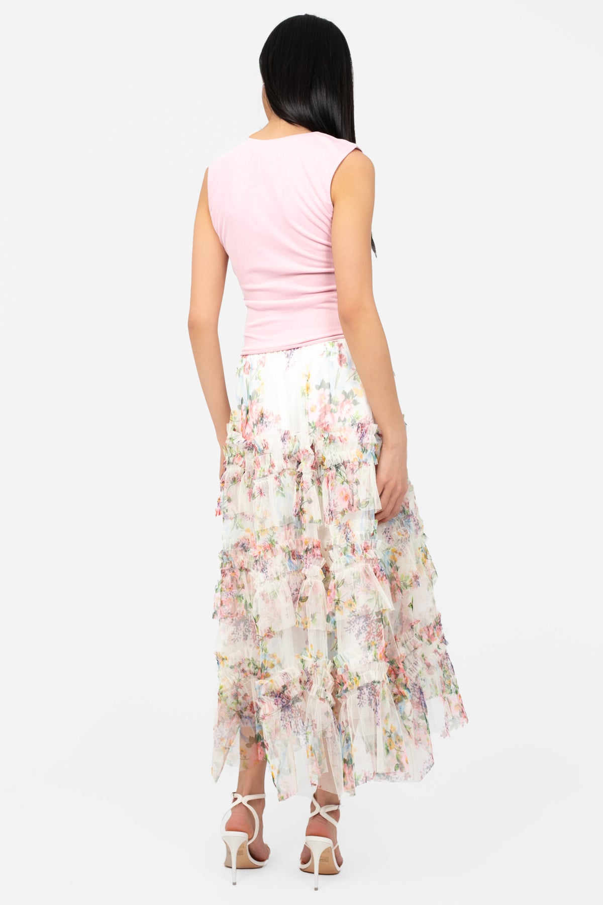 Astrea Floral Tulle Ruffle Midi Skirt - honey