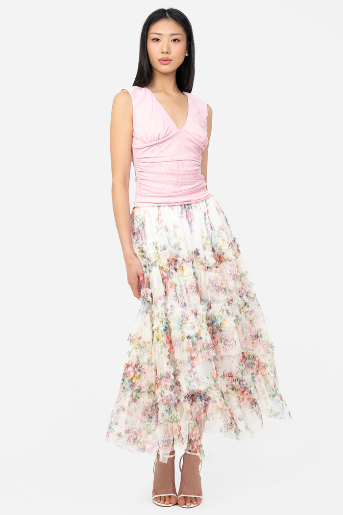 Astrea Floral Tulle Ruffle Midi Skirt - honey