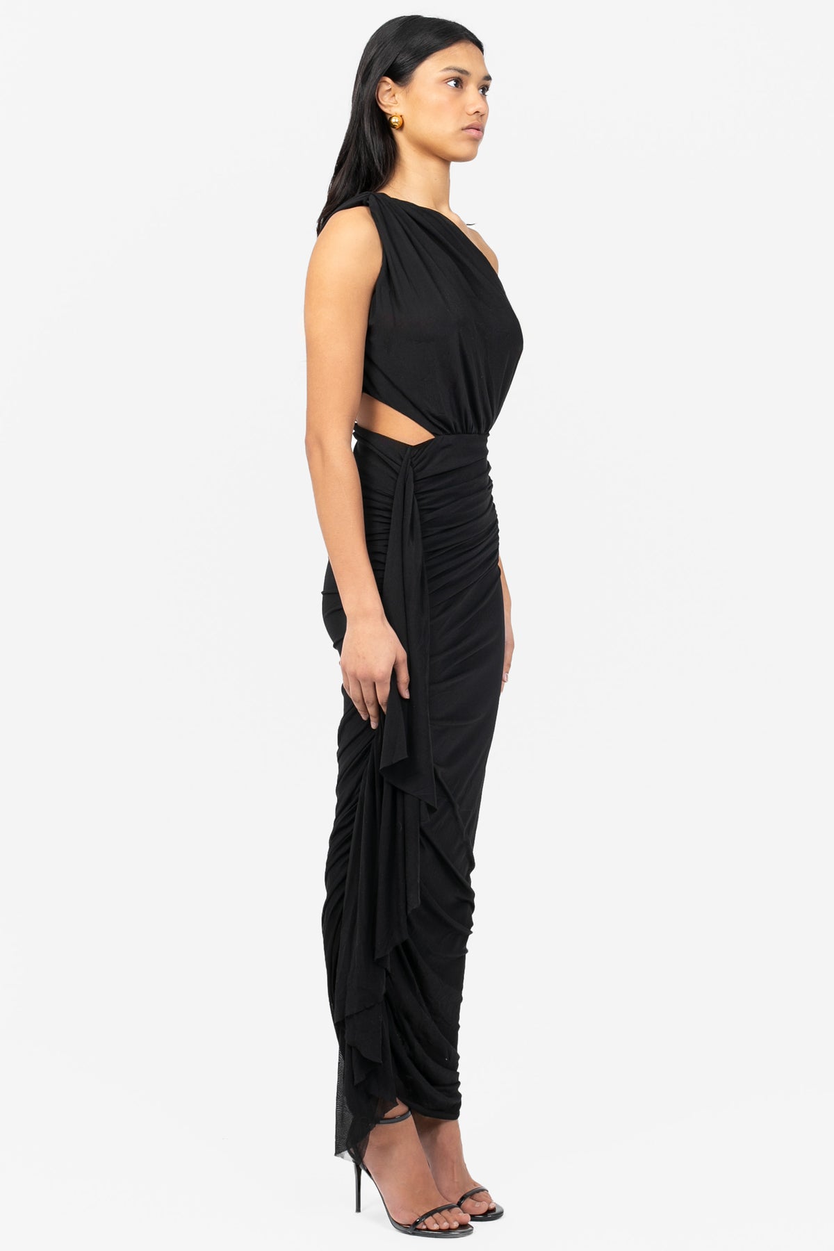 Julie Asymmetrical Mesh Ruched Midi Dress - honey
