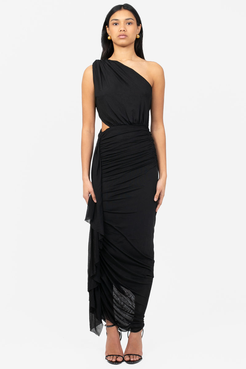 Julie Asymmetrical Mesh Ruched Midi Dress - honey