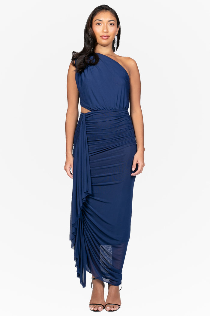 Julie Asymmetrical Mesh Ruched Midi Dress - honey