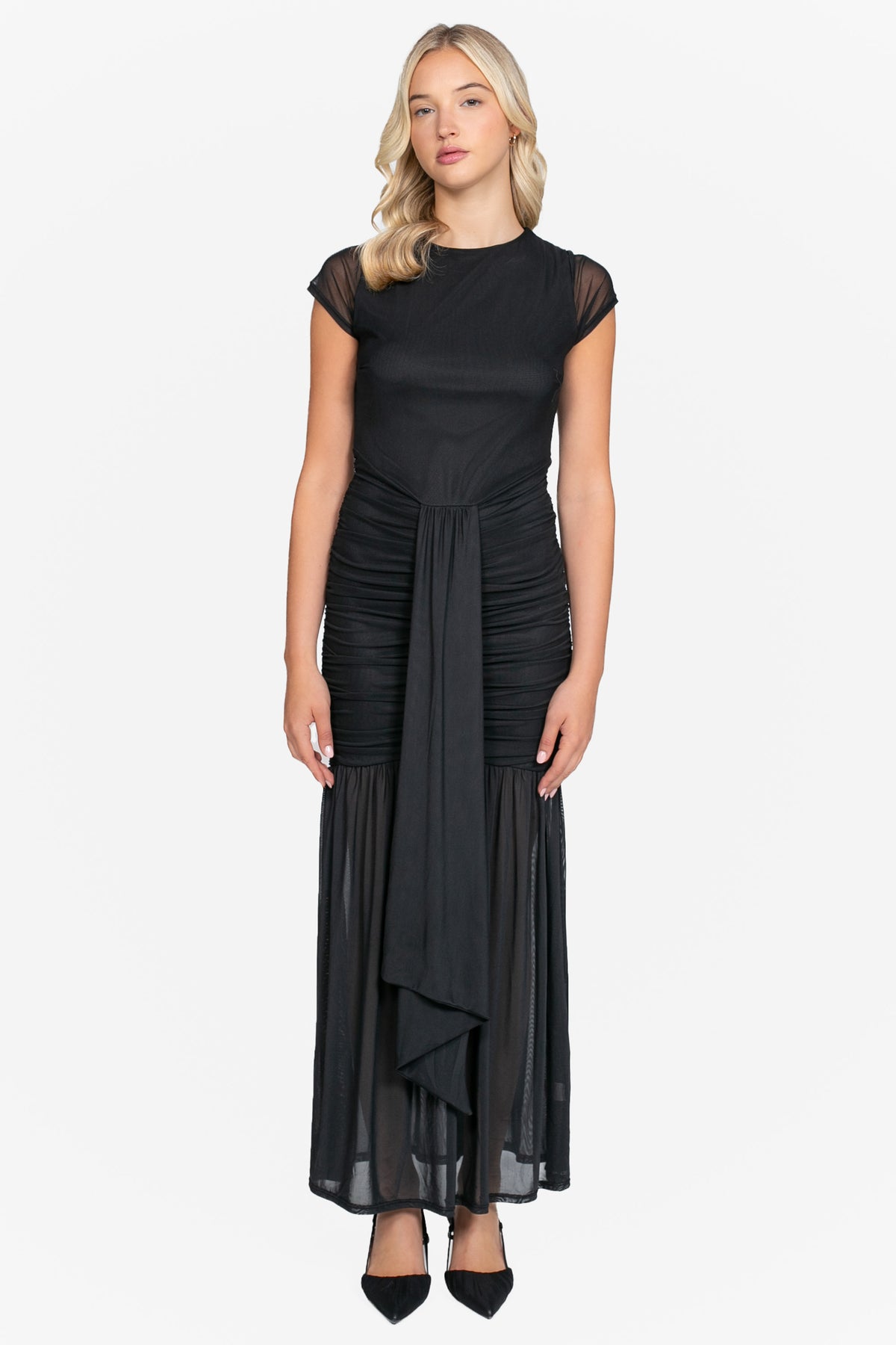 Nessa Mesh Ruched Sash Maxi Dress