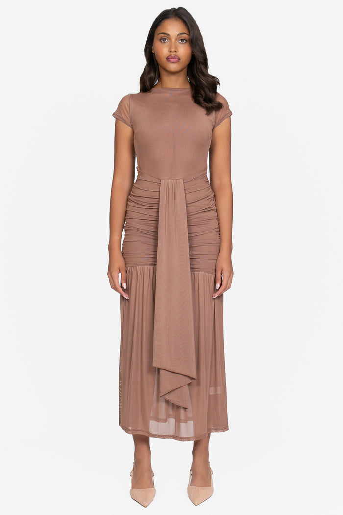 Nessa Mesh Ruched Sash Maxi Dress