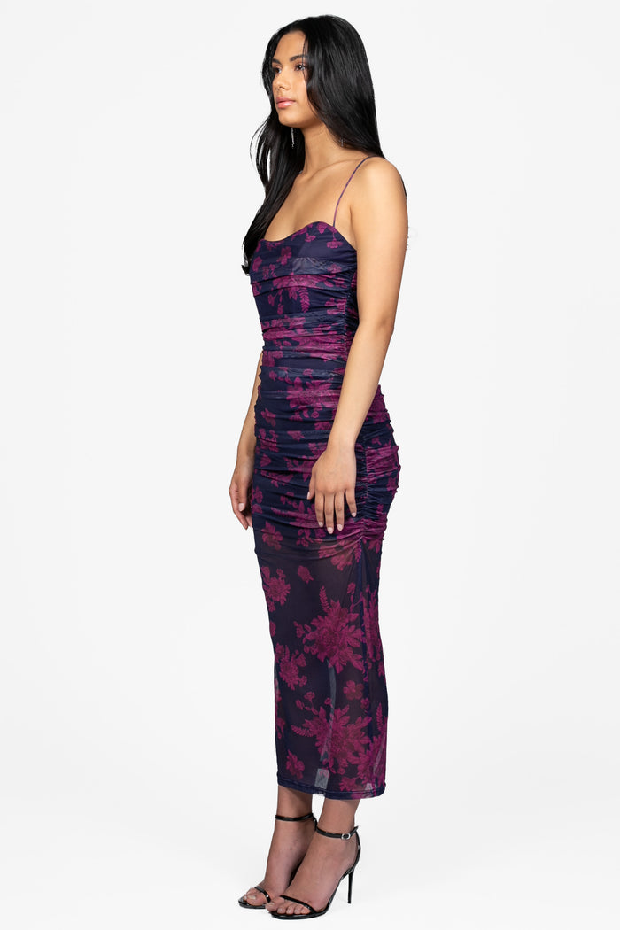 Abbie Floral Mesh Ruched Maxi Dress - honey