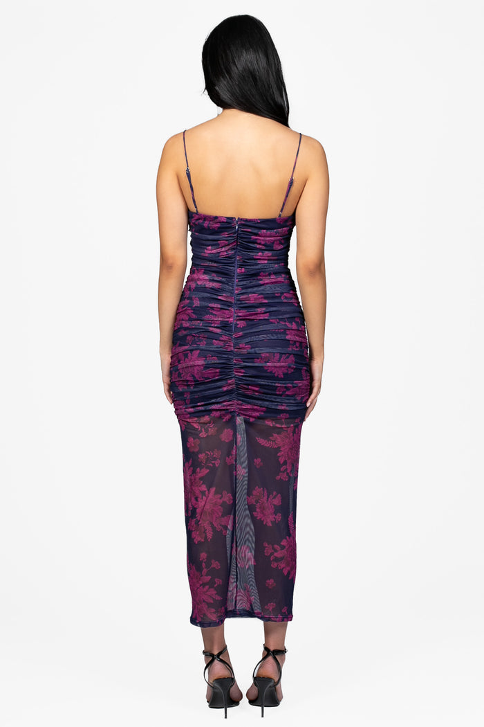 Abbie Floral Mesh Ruched Maxi Dress - honey