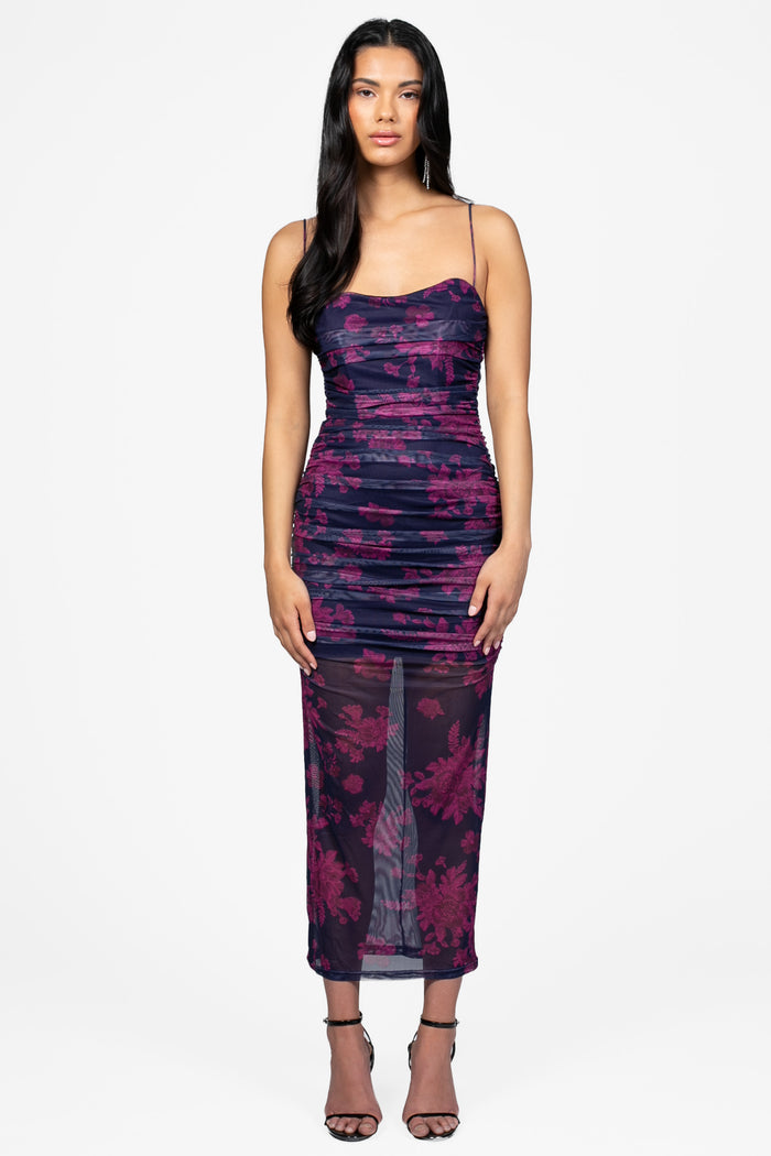 Abbie Floral Mesh Ruched Maxi Dress - honey