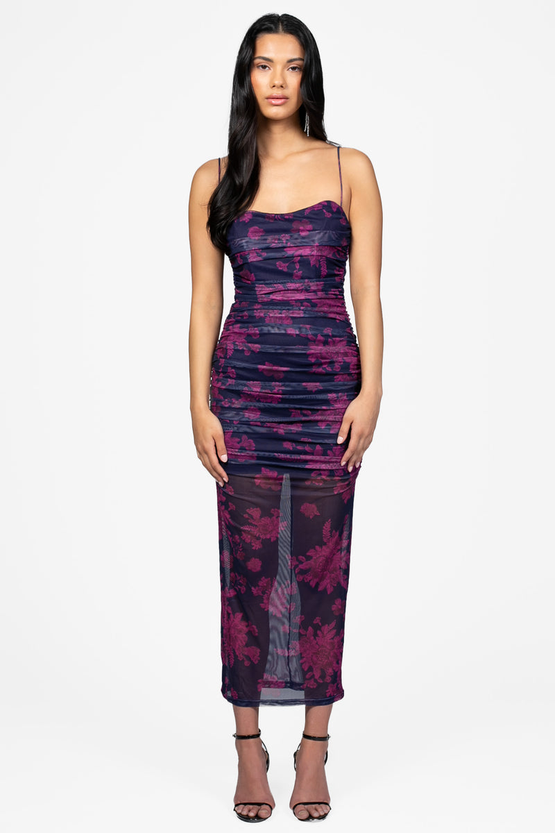 Abbie Floral Mesh Ruched Maxi Dress - honey
