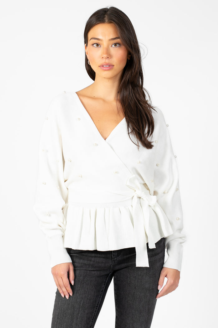 Penina Wrap Front Pearl Sweater - honey