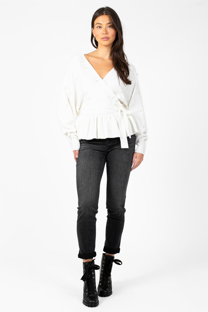Penina Wrap Front Pearl Sweater - honey
