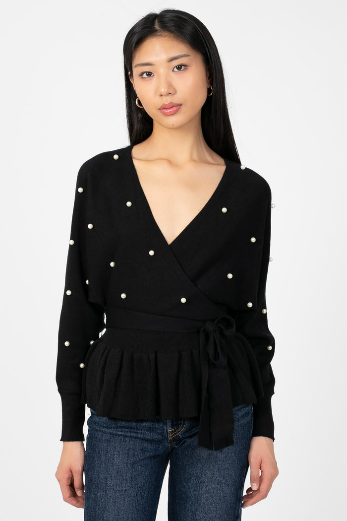 Penina Wrap Front Pearl Sweater - honey