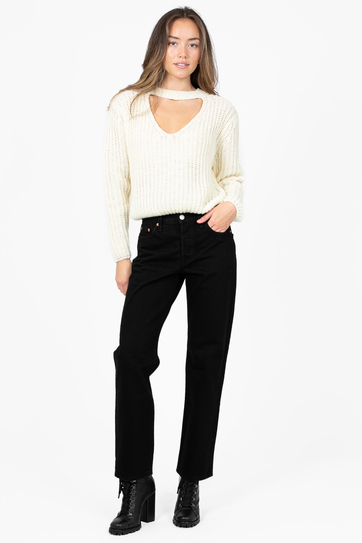 Astrid V-Neck Cut Out Sweater - honey