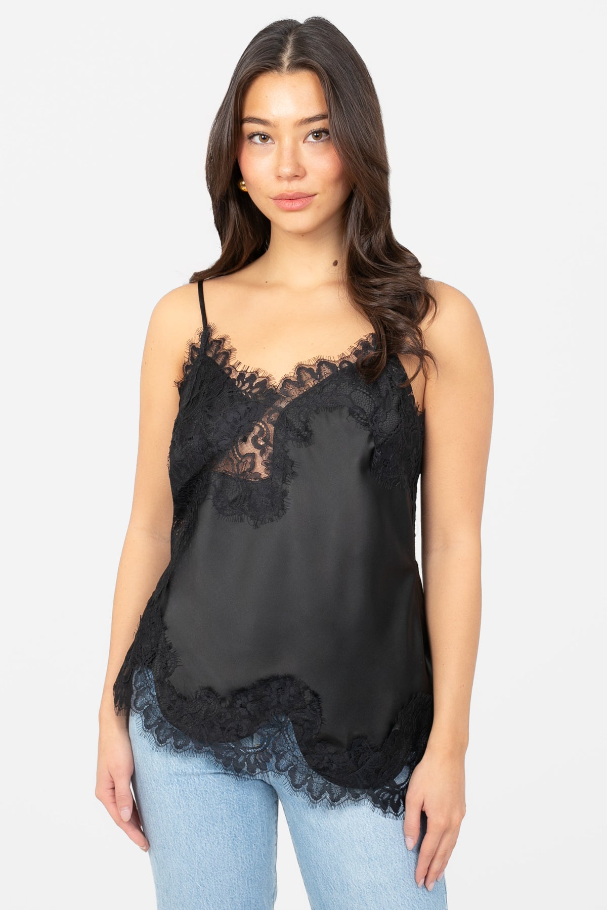 Chantilly Lace Satin Asymmetrical Blouse - honey