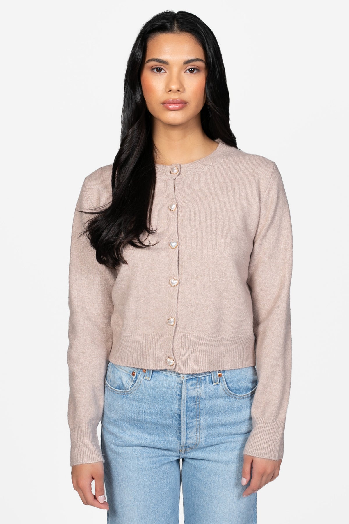 Amour Pearl Heart Button Cardigan - honey