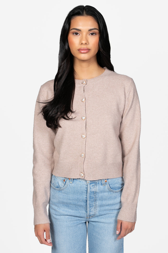 Amour Pearl Heart Button Cardigan - honey