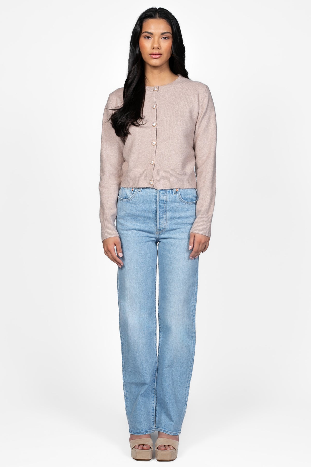 Amour Pearl Heart Button Cardigan - honey