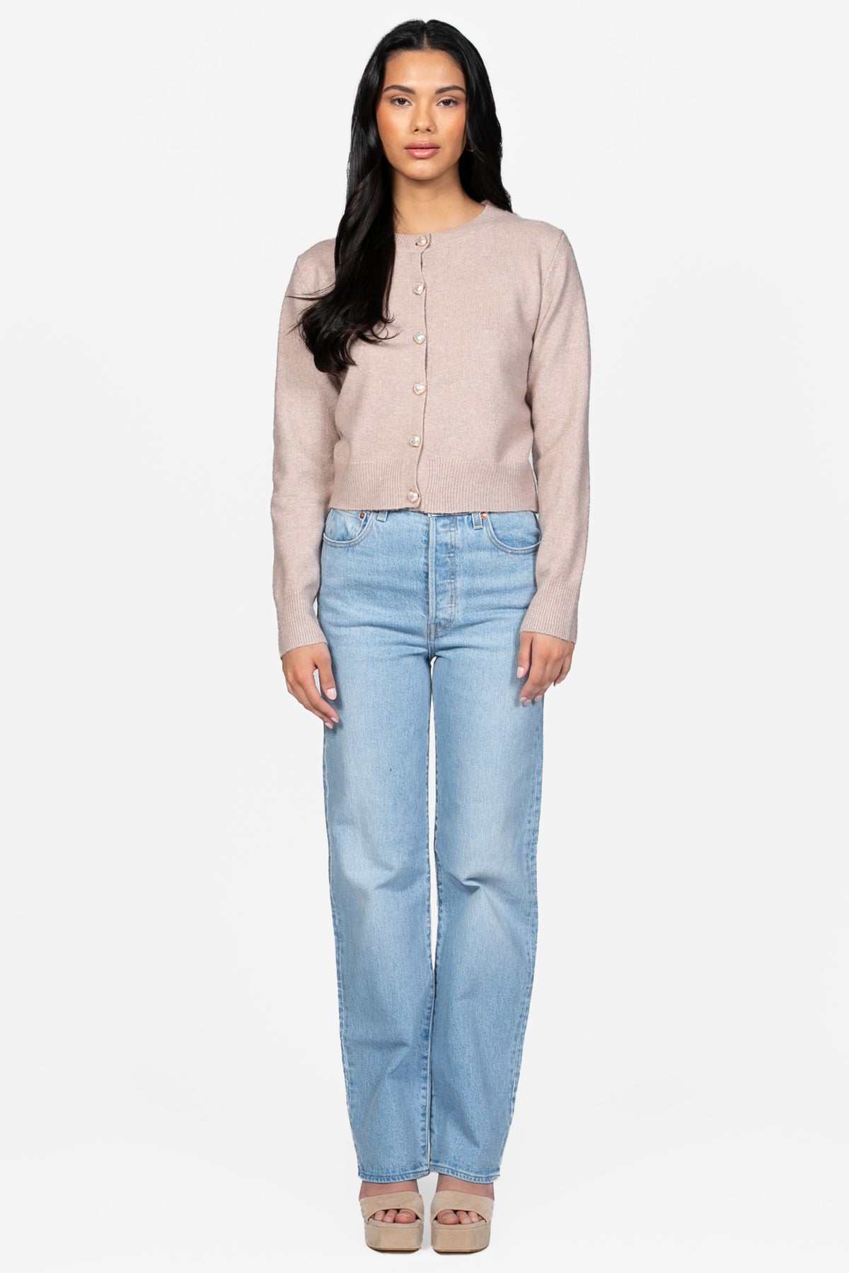 Amour Pearl Heart Button Cardigan - honey