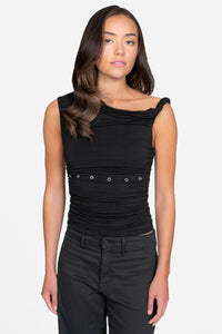 Zinnia Asymmetrical Grommet Blouse