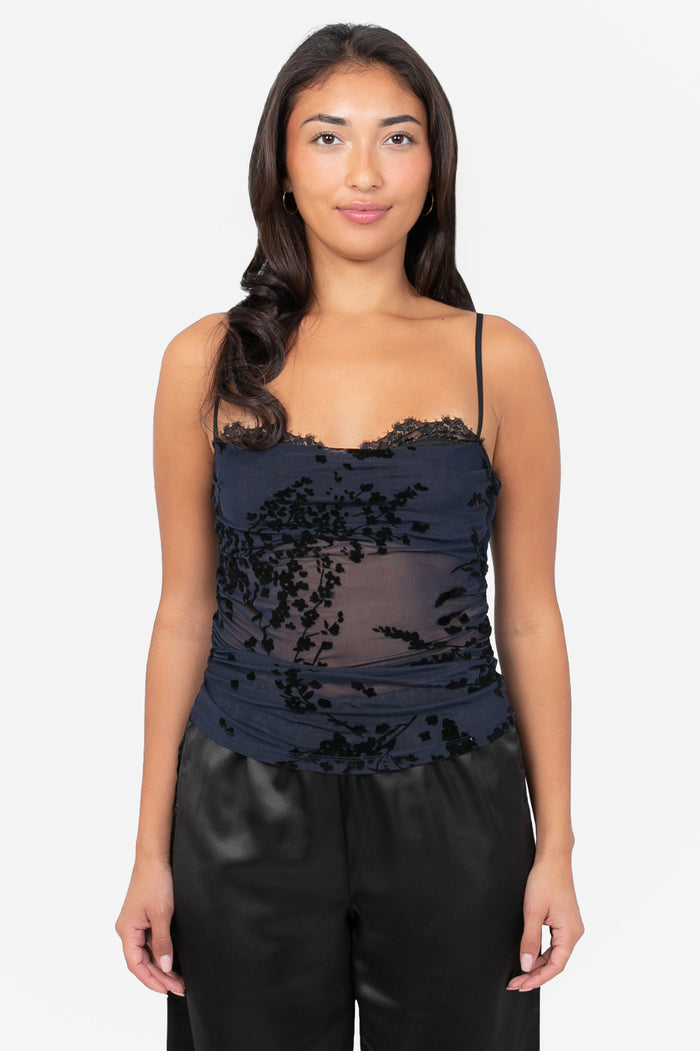 Velora Lace Flock Mesh Blouse