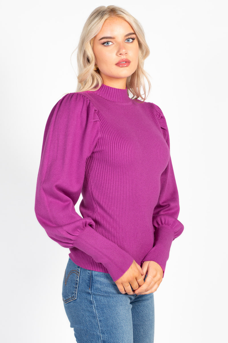 Kayla Ribbed Knit Puff Sleeve Sweater