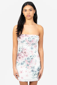 Serafina Mesh Ruched Floral Mini Dress - honey